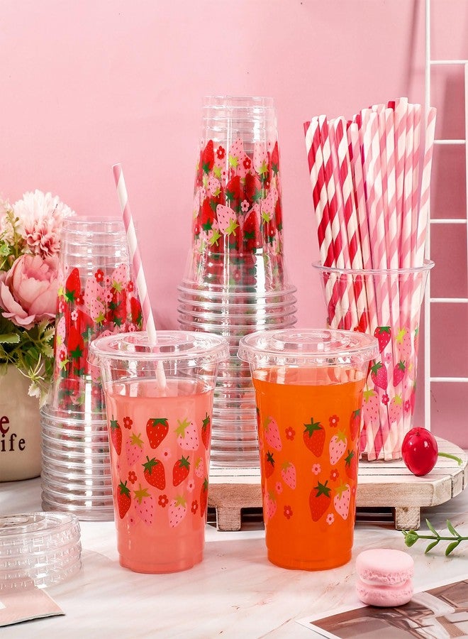 JarThenaAMCS 50Pcs Strawberry Plastic Cups with Lids and Straws Pink Red Strawberry Flower Clear Plastic Cups 12oz Disposable Cups for Summer Spring Party Supplies - Image 4